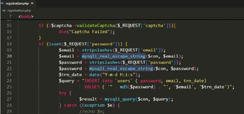Registration Page with weak input sanitization