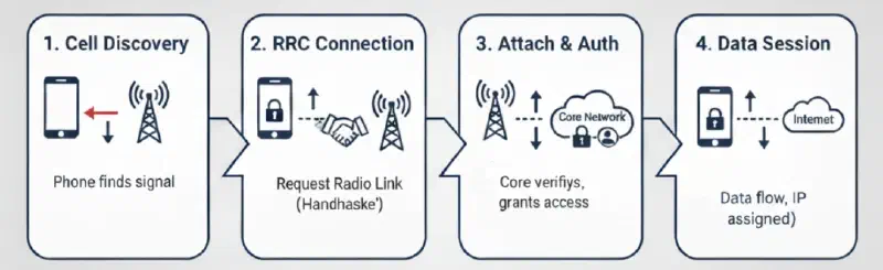 Figure 1: How a mobile phone connects to the network (from cell discovery to data session)