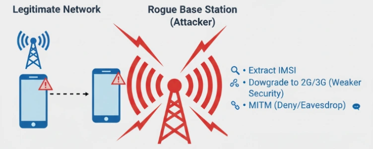 Figure 2: Fake base station attack (rogue eNodeB / IMSI catcher)