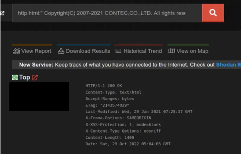 Refined Shodan search identifying an active web server